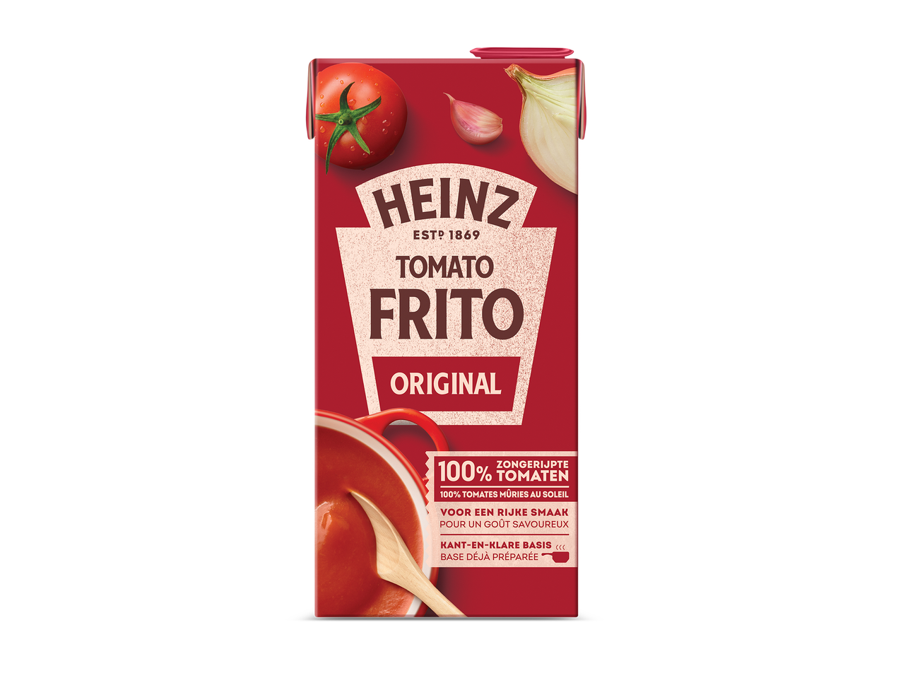Rode verpakking met tomatenfrito, een tomaat, knoflook en ui, en een kom met saus.