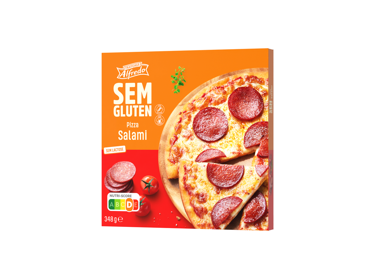 Embalagem de pizza de salame sem glúten Tastino com uma pizza fatiada, salame e tomates.