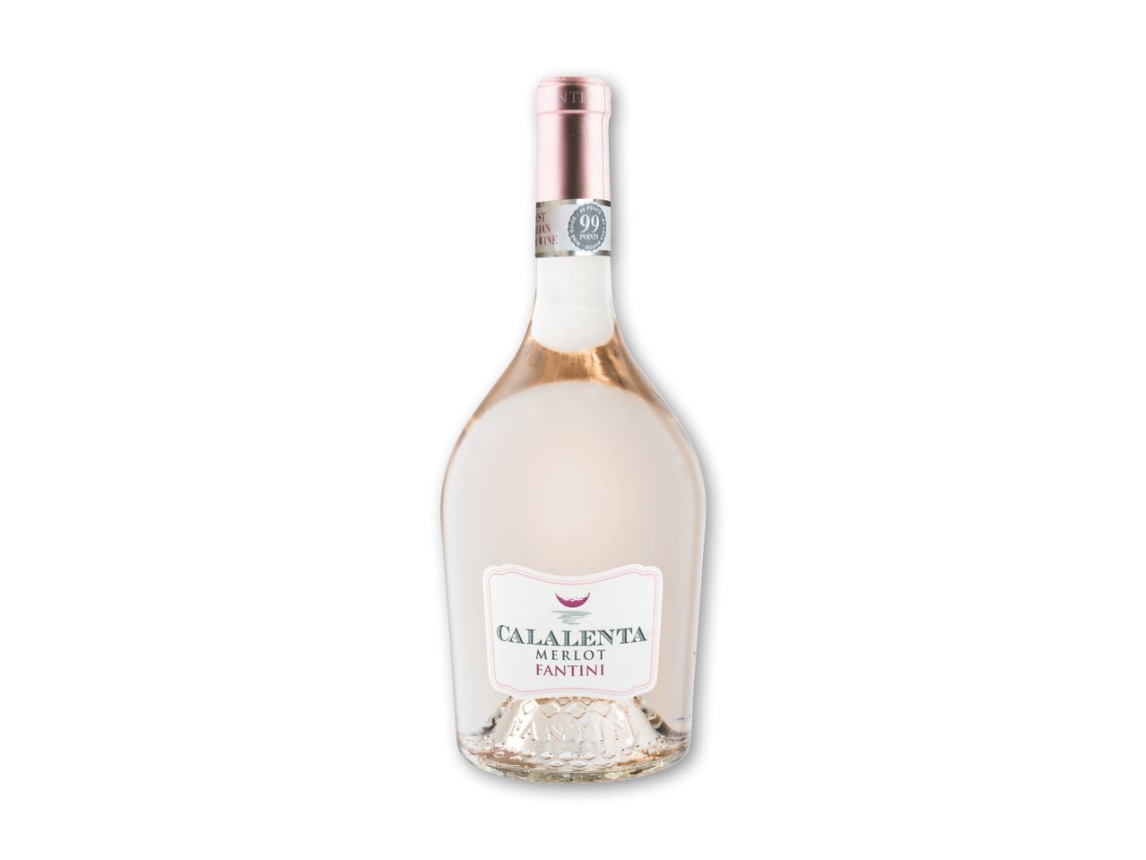 En flaske rosévin med en lyserød etiket, der angiver 'Merlot' og 'Fantini'.