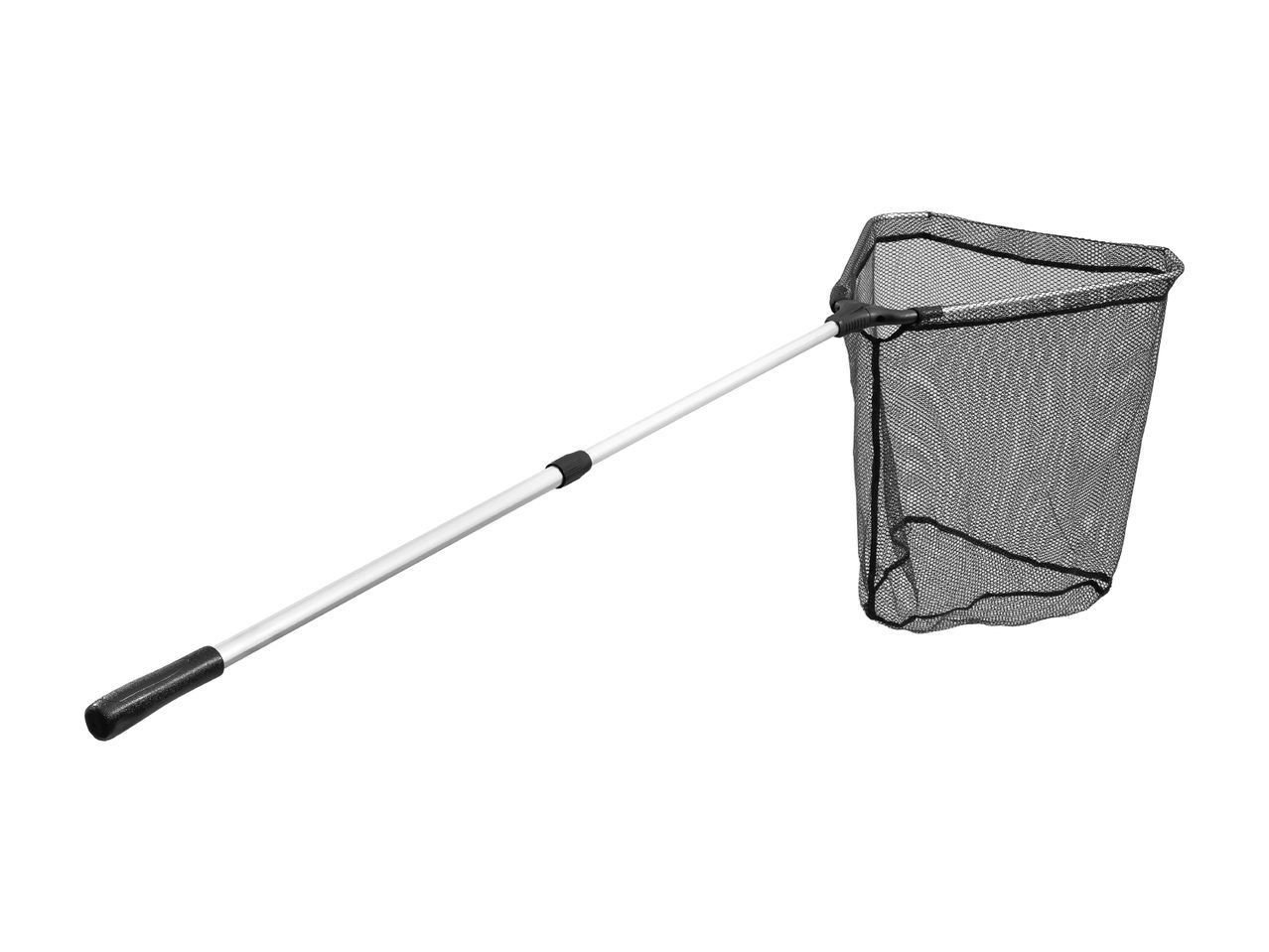 Fiskegarn med teleskopstang og sort net.