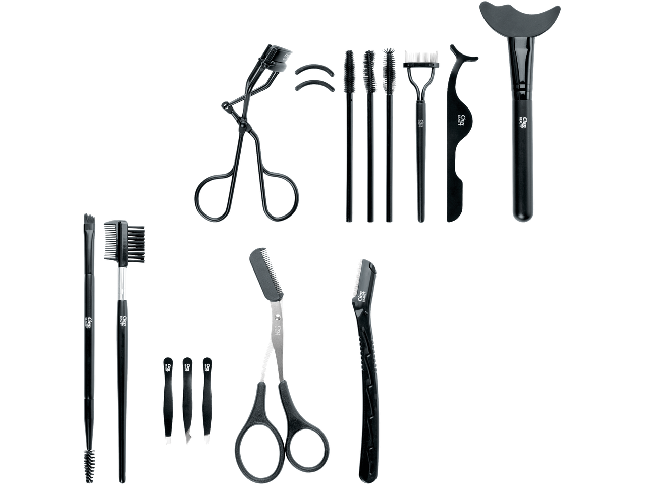 Cien Beauty-set med ögonfransböjare, pincetter, saxar och borstar för ögonbryn och fransar.