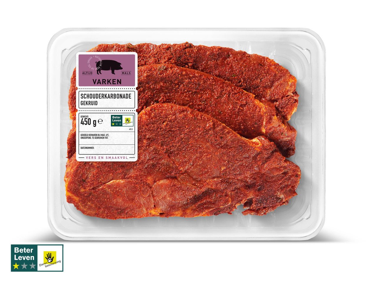 Gemarineerde varkenskoteletten, 450g, merk "Beter Leven".
