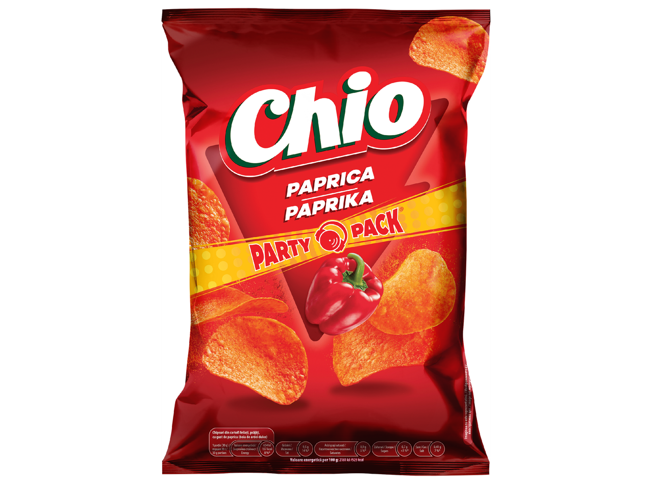Червен пакет чипс с вкус на червен пипер, надпис „PARTY PACK“ и хранителна информация.