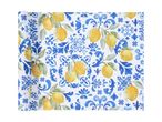 White fabric with blue Mediterranean tile patterns and yellow lemons.