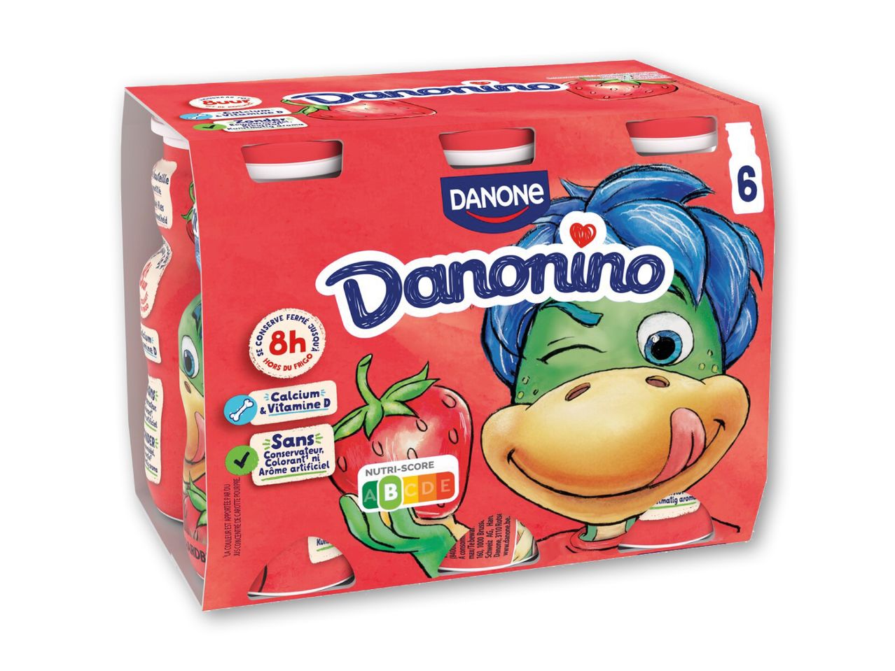 Danonino yoghurtpakke med 6 jordbærsmagsvarianter og en tegneseriefigur.