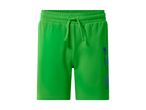 Green shorts with an elasticated waist, drawstring, and a blue palm tree and dice graphic on the side.