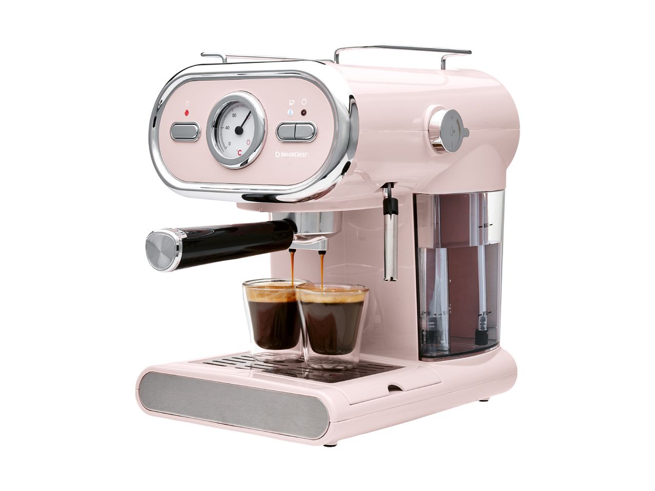 SilverCrest espressomaskine i retrostil, der brygger kaffe i to glas.