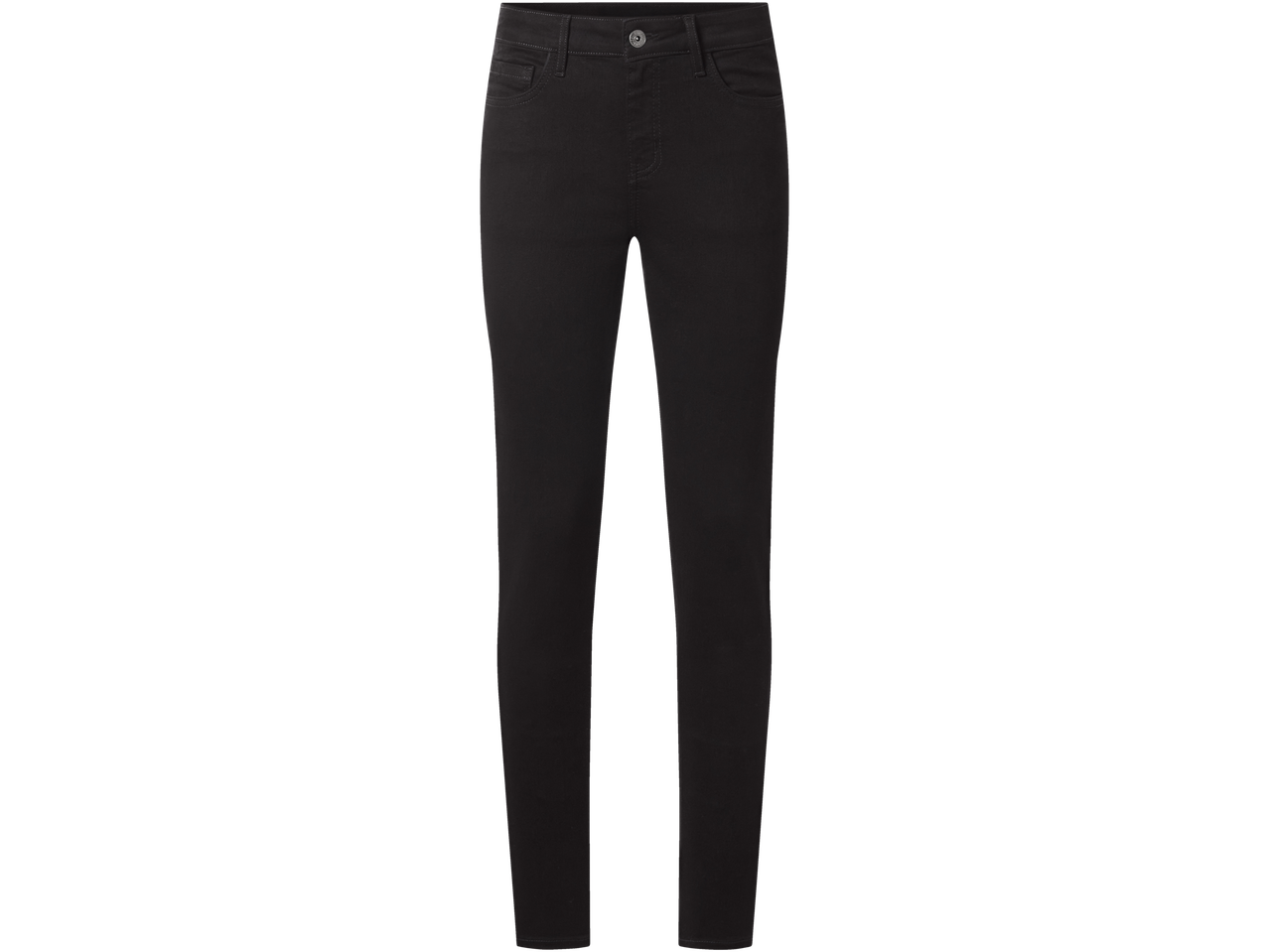 Juodi moteriški aptempti džinsai su sagos ir užtrauktuko užsegimu.