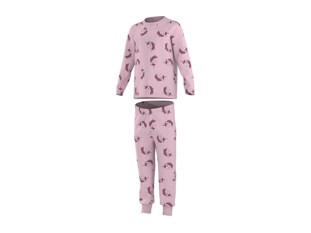 Pink children's pajama set with a unicorn pattern, including a long-sleeved top and pants.