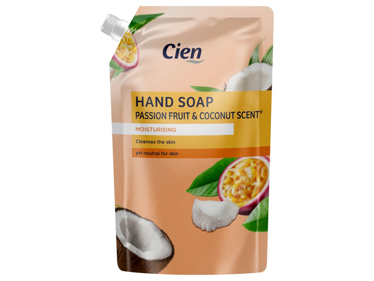 Savon liquide pour les mains Cien, parfum passion et noix de coco.