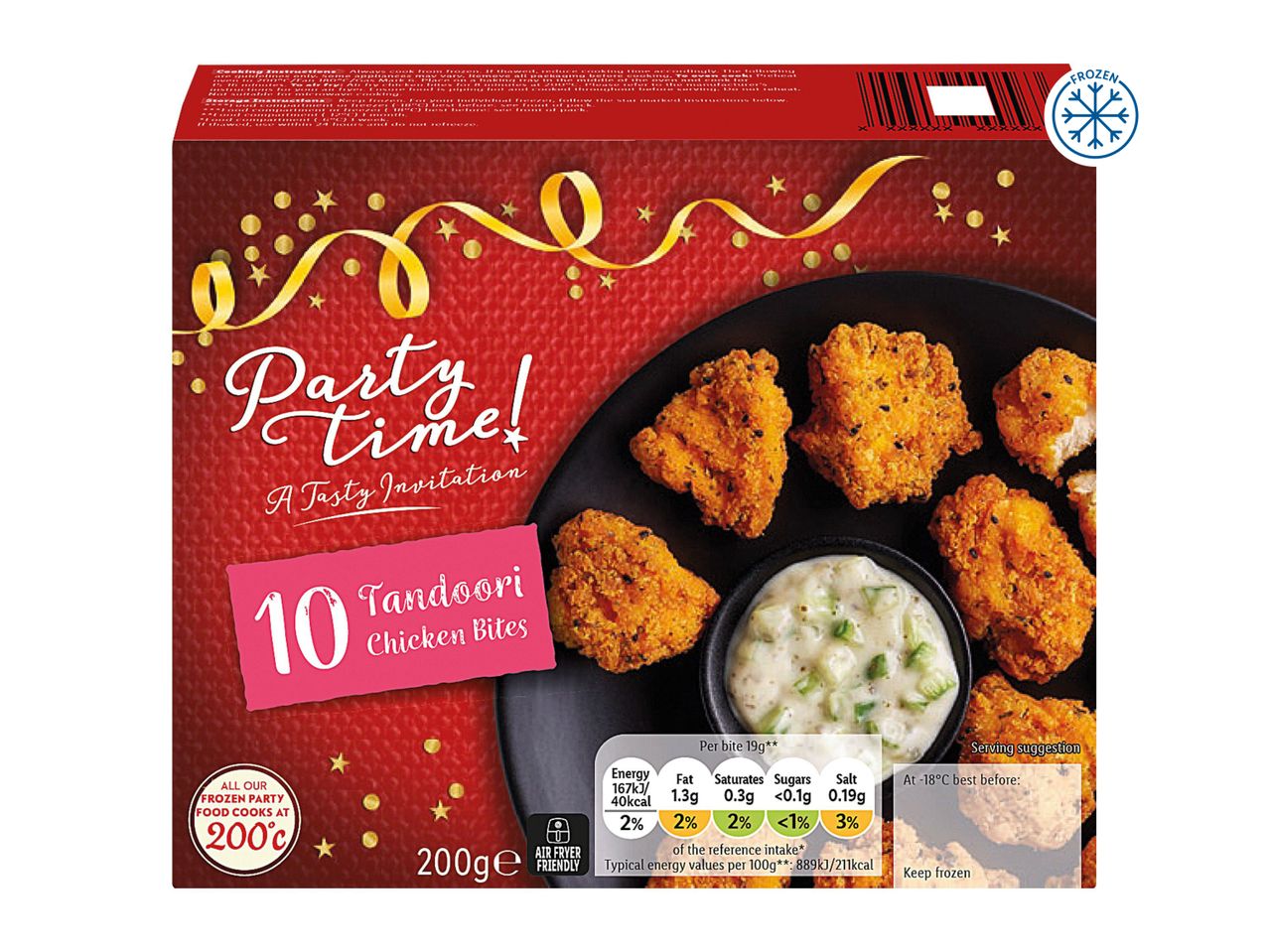 Lidl Party Time Tandoori Chicken Bites with a dipping sauce, 200g frozen product.