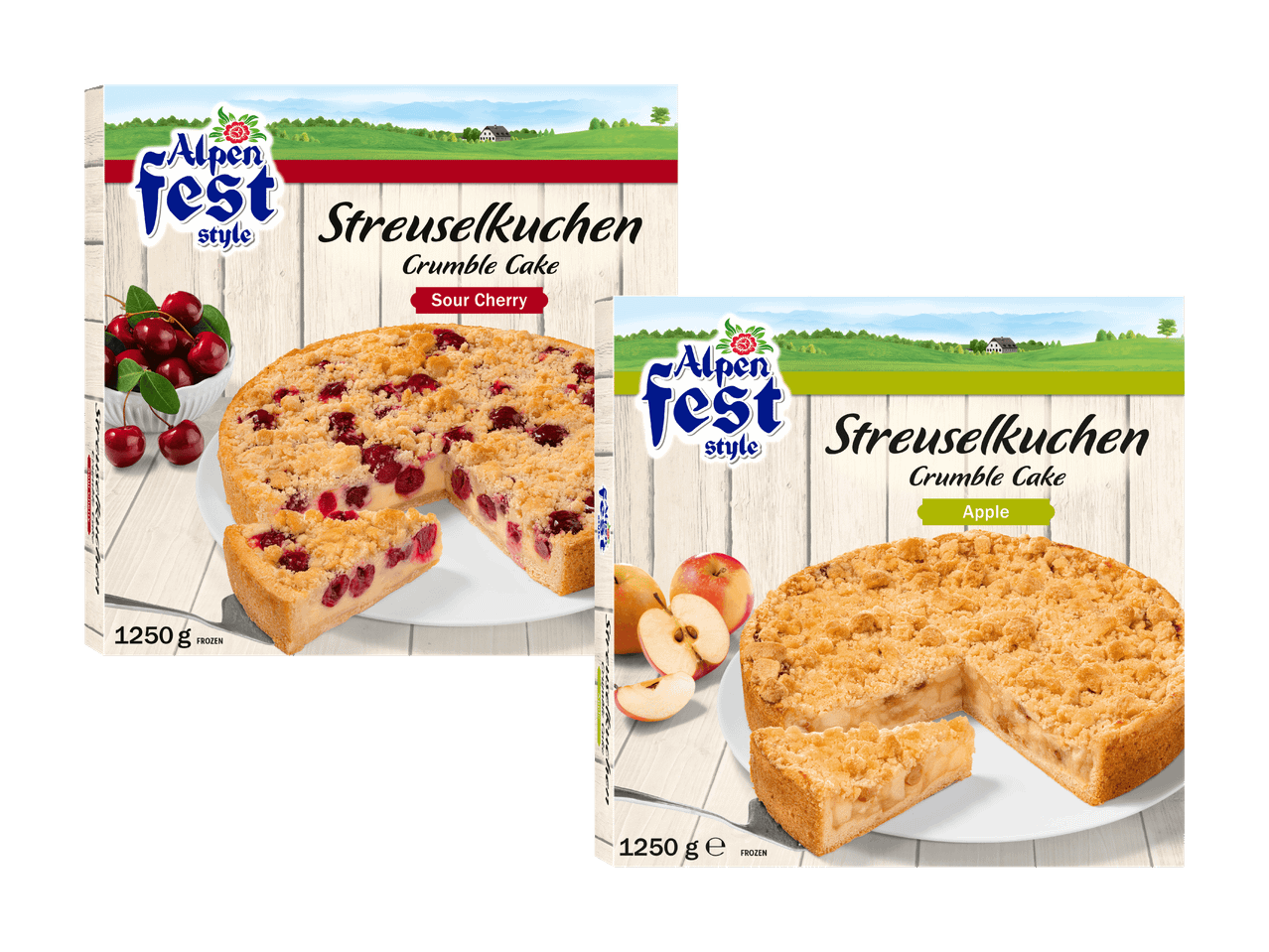 Zwei tiefgekühlte Dr. Oetker-Streuselkuchen: Himbeer- und Apfelkuchen.