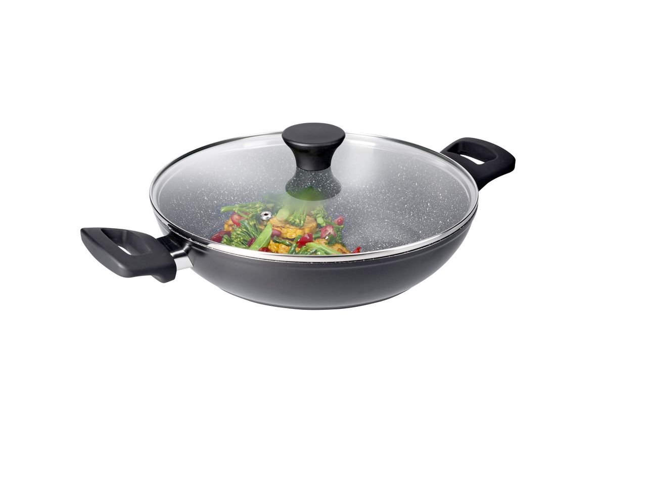 Black Serving Pan with a glass lid, filled with colorful vegetables.