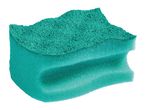 A green kitchen sponge with a rough scrubbing side and a softer foam side.
