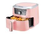 Pink air fryer with a basket full of golden french fries, displaying 180 degrees Celsius.