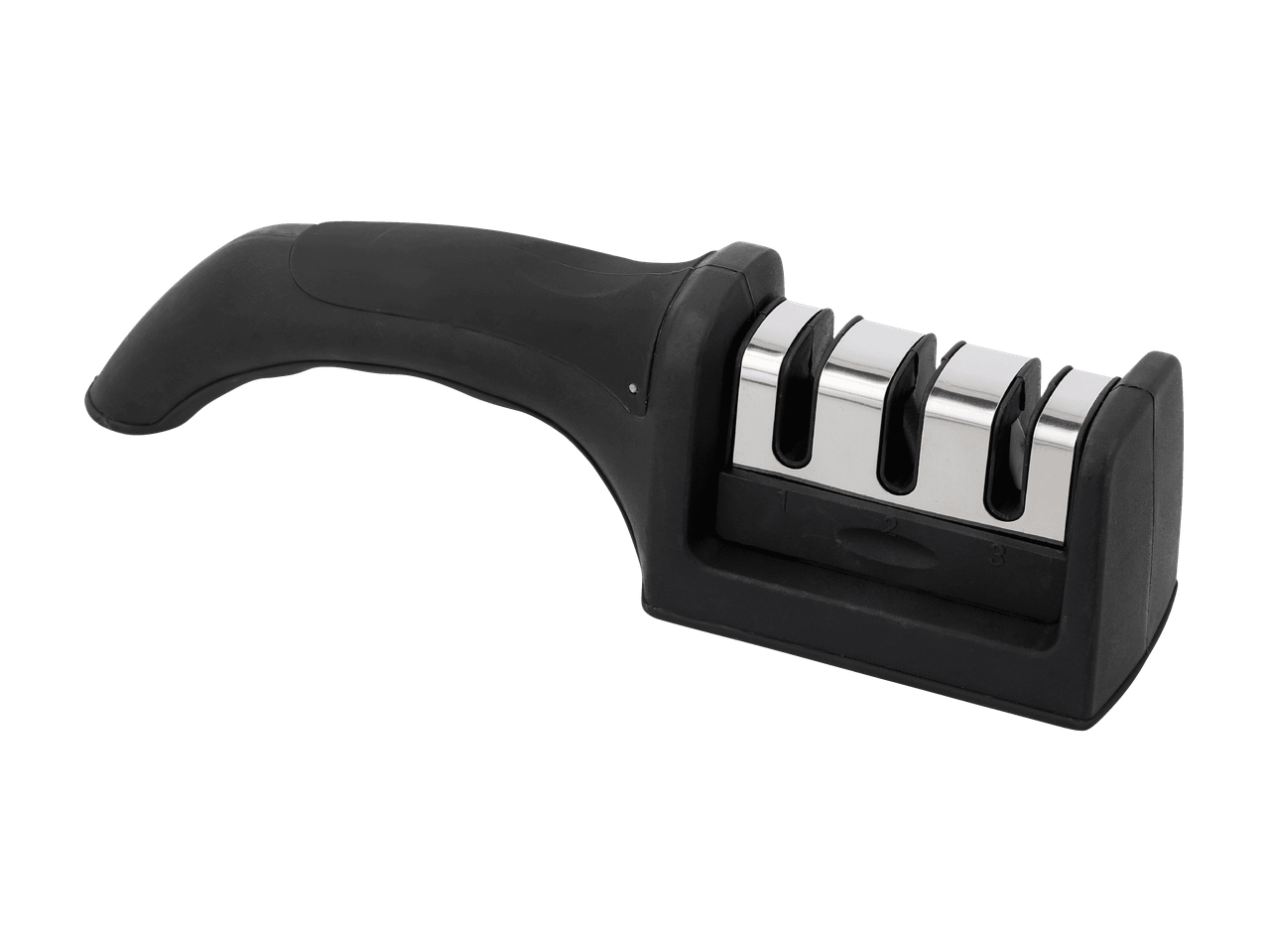 Musta veitsenteroitin, jossa on kolme hopeanväristä teroituspaikkaa.