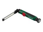 Green and black LED work light with a red rotary switch and a foldable light bar.