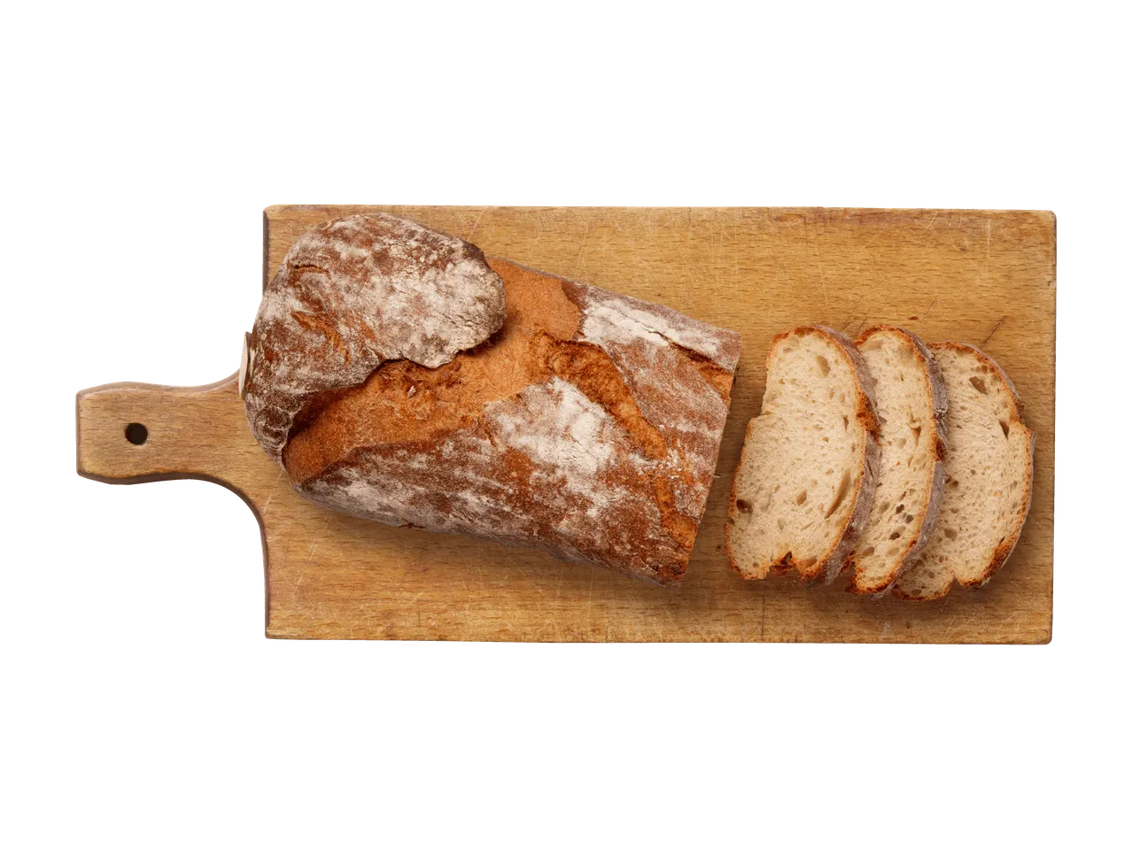 Viipaloitu maalaisleipä puisella leikkuulaudalla tummalla taustalla.