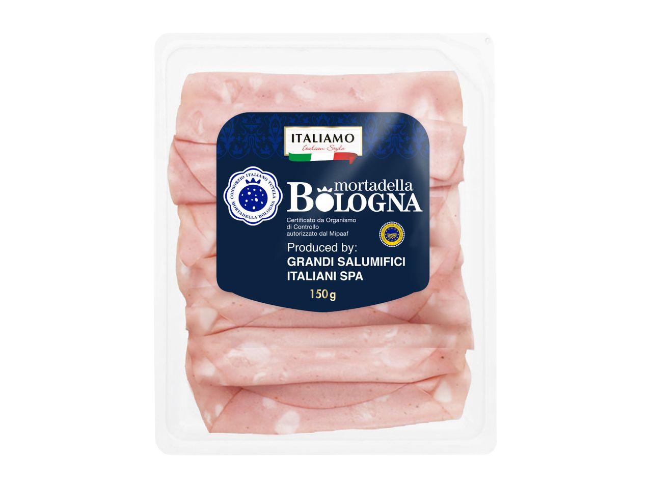 Packaged sliced mortadella with a blue label indicating Italian origin and weight.