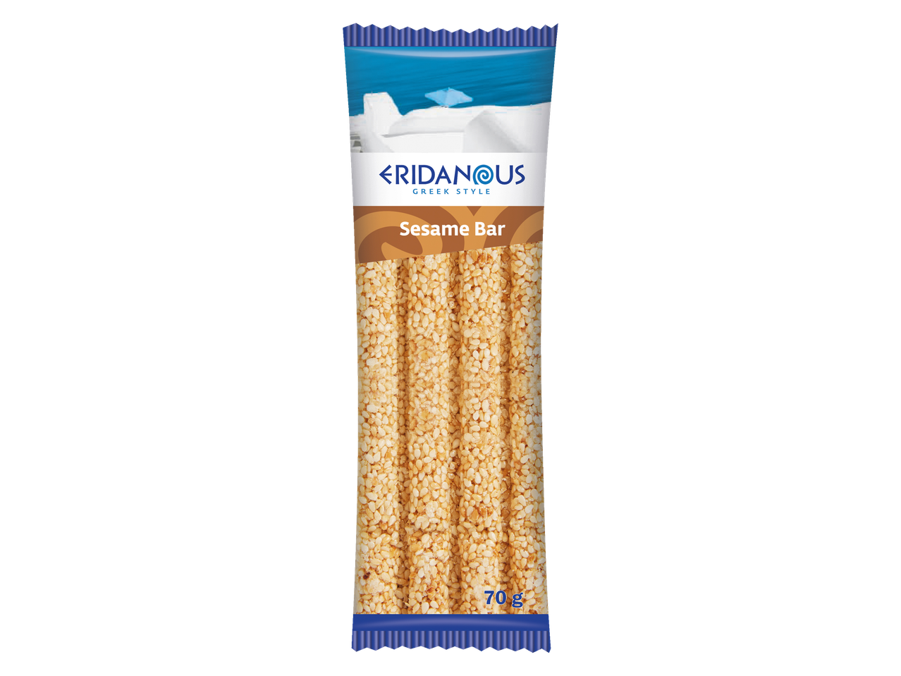 Eridanous Greek Style Sesame Bar, 70g, in a blue and white package.