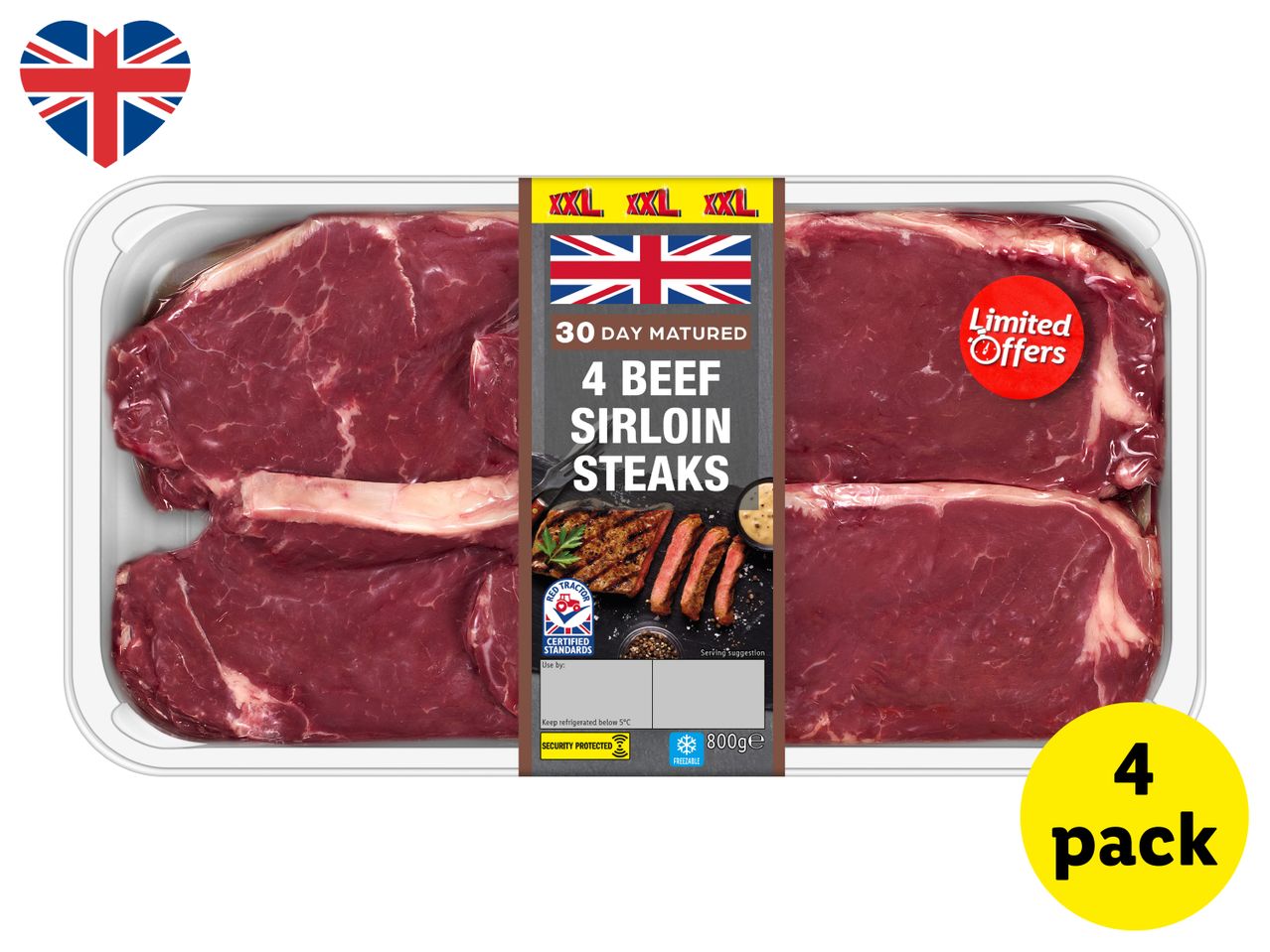Pack of 4 beef sirloin steaks, 30-day matured, 800g, with a Union Jack heart.