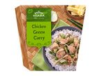 Chicken Green Curry with rice, bamboo shoots, and onion, on a woven mat background. Text: Chicken Green Curry, 360g.