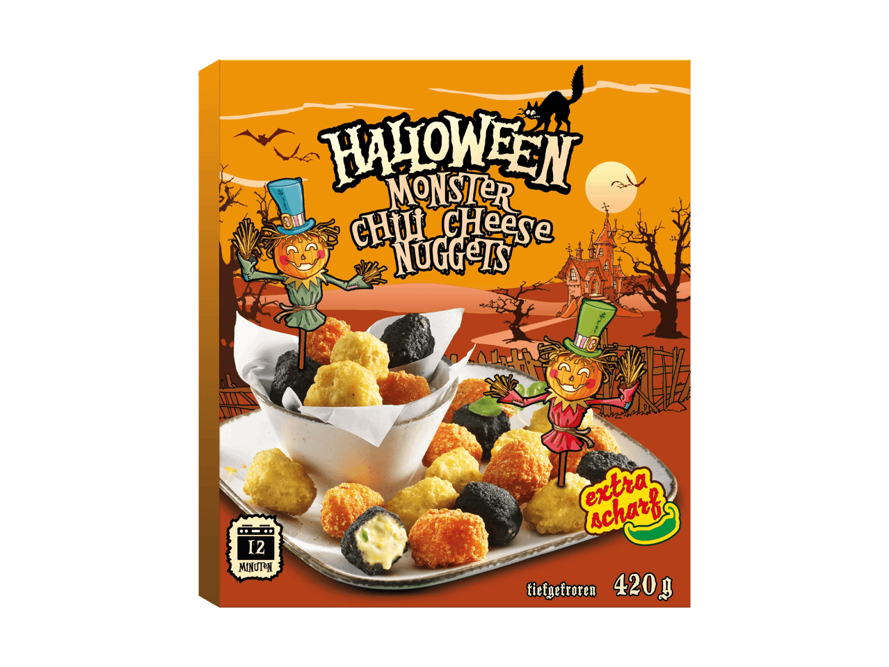 Halloween Monster Chili Cheese Nuggets Packung mit Kürbis-Vogelscheuchen und Spukhaus
