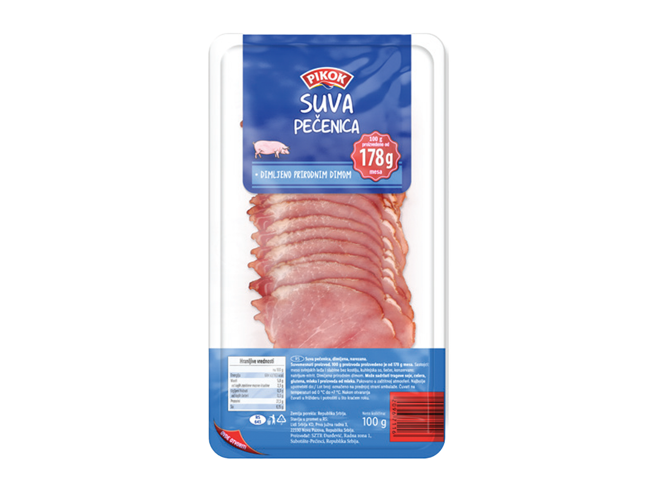 Pakovanje Pikok suve pečenice od 100g, dimljene prirodnim dimom.