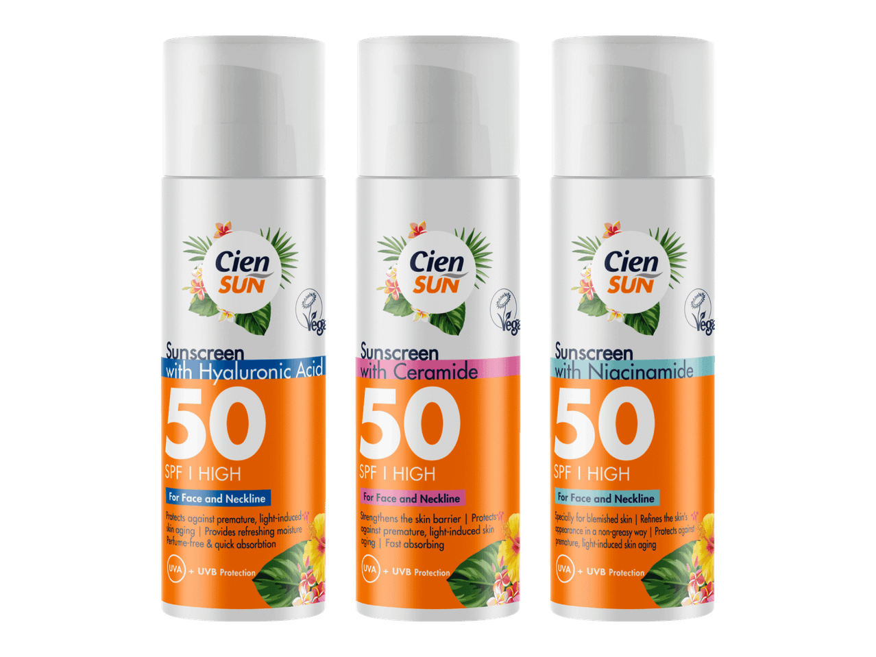 Kolme aurinkosuojavoidetta kasvoille ja kaulalle, SPF 50, hyaluronihapolla, keramidilla ja niasiiniamidilla.