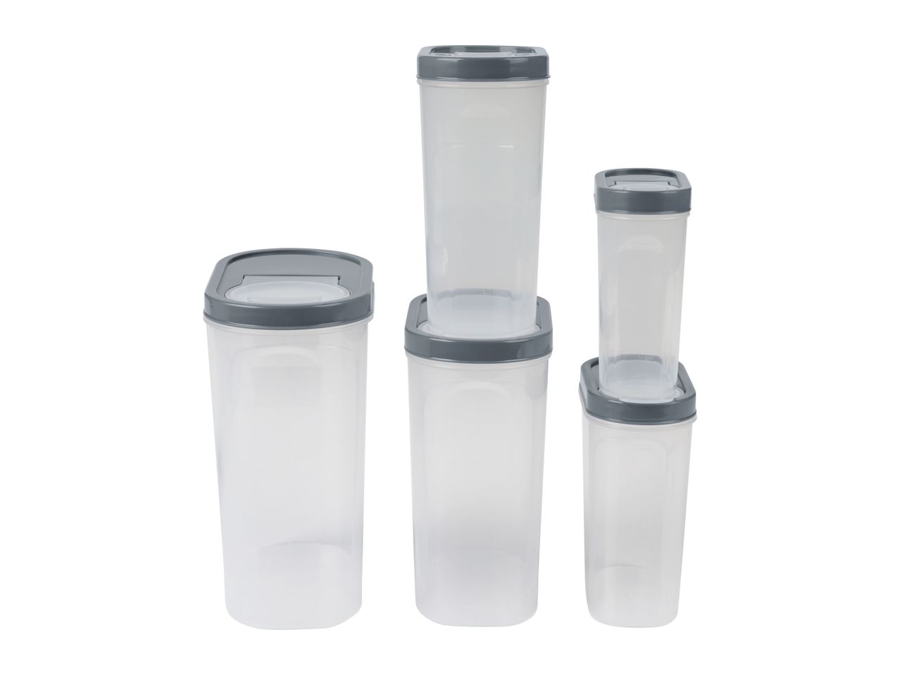 Set of four clear plastic storage containers with gray lids.