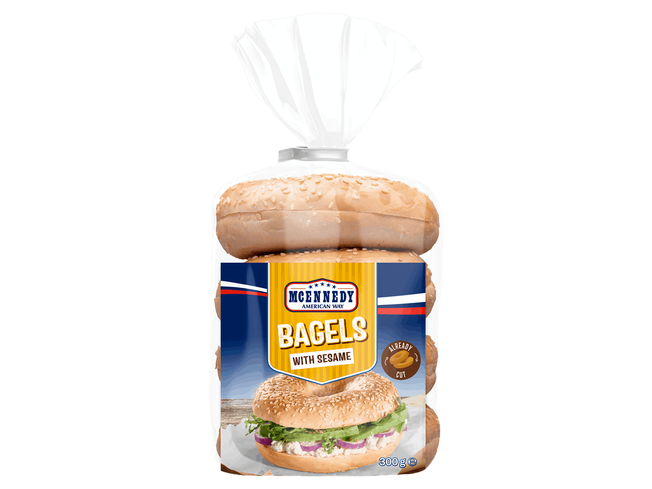 Szezámmagos bagel átlátszó csomagolásban.