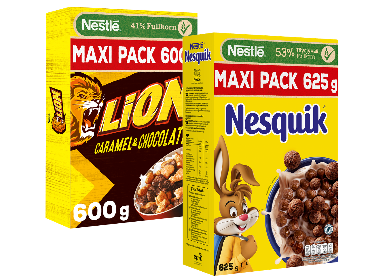 Nesquik och Lion chokladflingor i storpack-förpackningar.