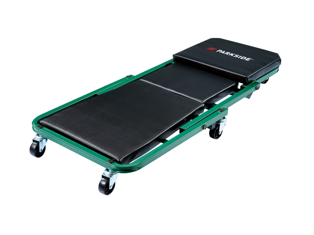 Cama de mecânico PARKSIDE, verde e preta, com rodas, para reparação automóvel.