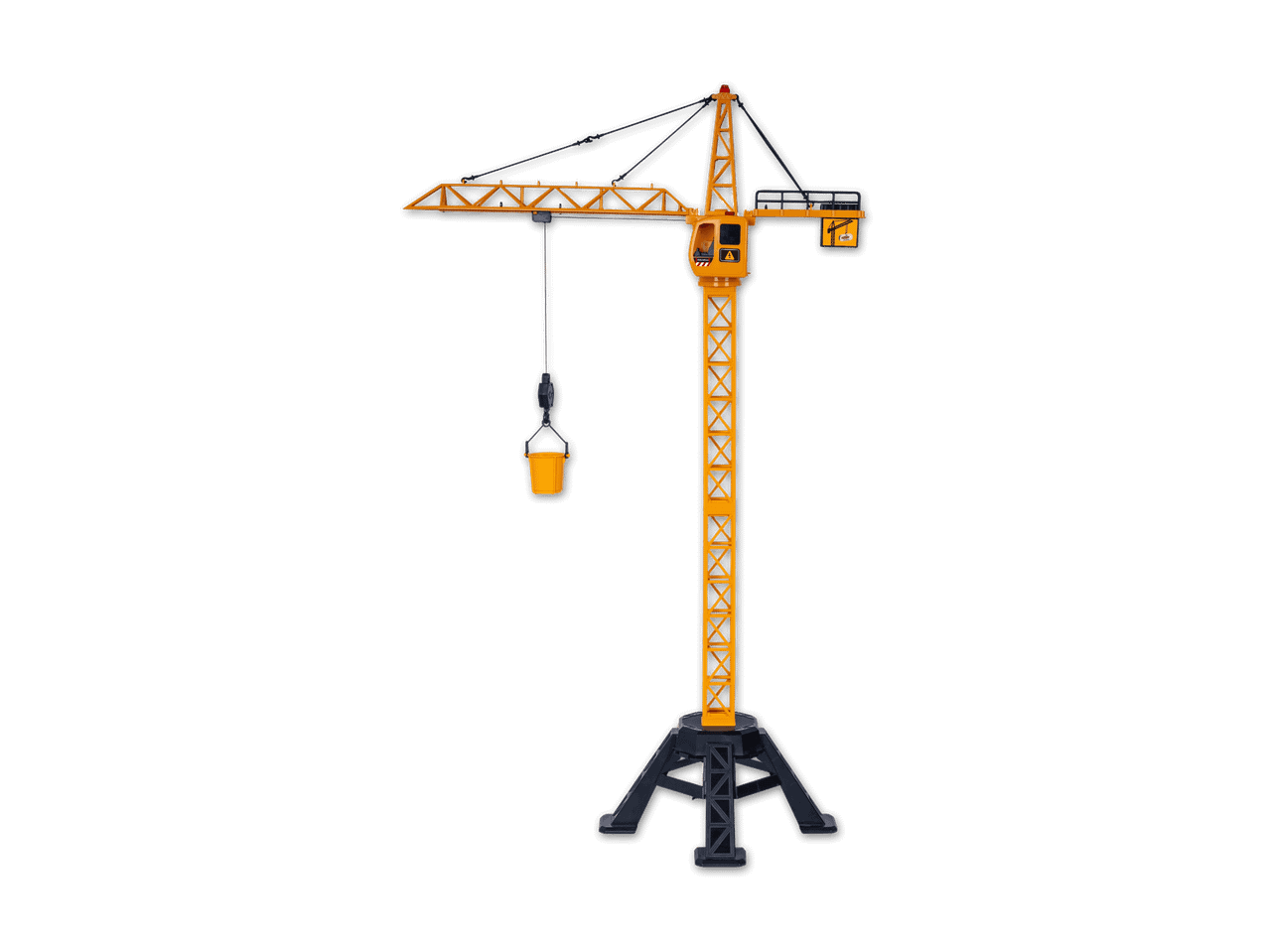 Gelber Spielzeug-Baukran mit Eimer auf schwarzem Hintergrund