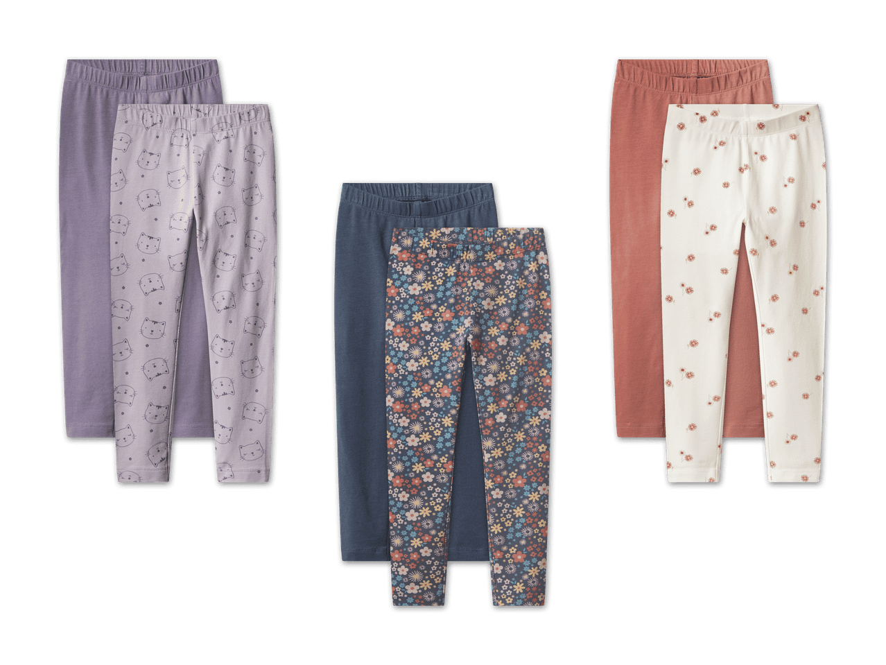 Drei Sets Kinderleggings, darunter einfarbige und gemusterte Designs mit Katzen und Blumen.