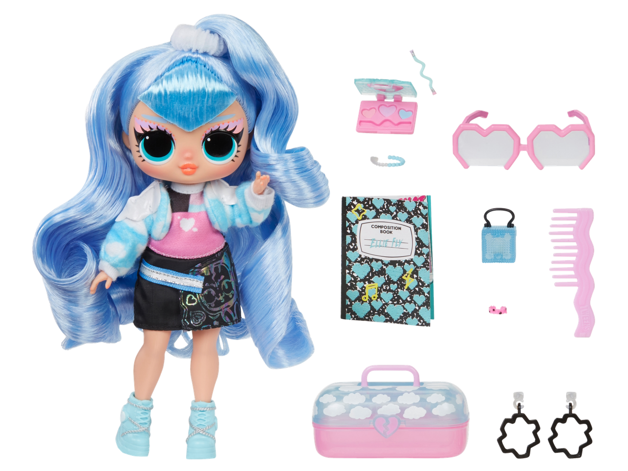 L.O.L. lėlė ilgais mėlynais plaukais, apsirengusi rožine ir mėlyna spalvomis, su makiažo ir akinių aksesuarais.