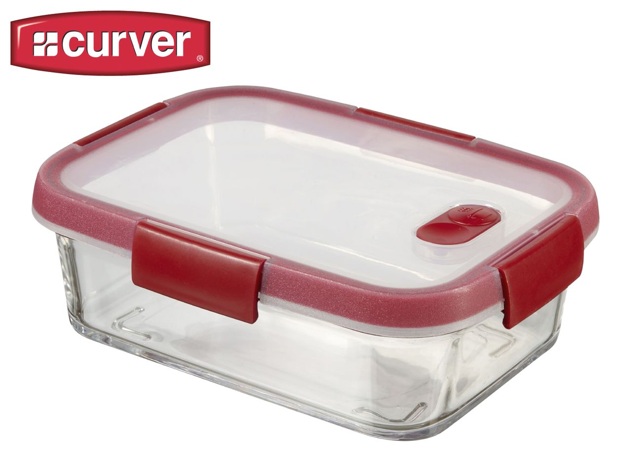 Rectangular glass food storage container with a red lid and red clips.