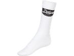 White athletic sock with a black and white logo on the ankle.