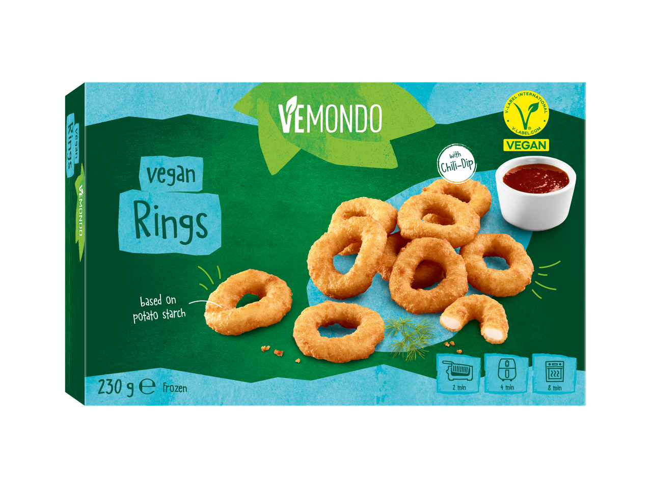 Pakiranje veganskih prstenova od krumpira s umakom od čilija, prikazuje pržene prstenove i upute za pripremu.