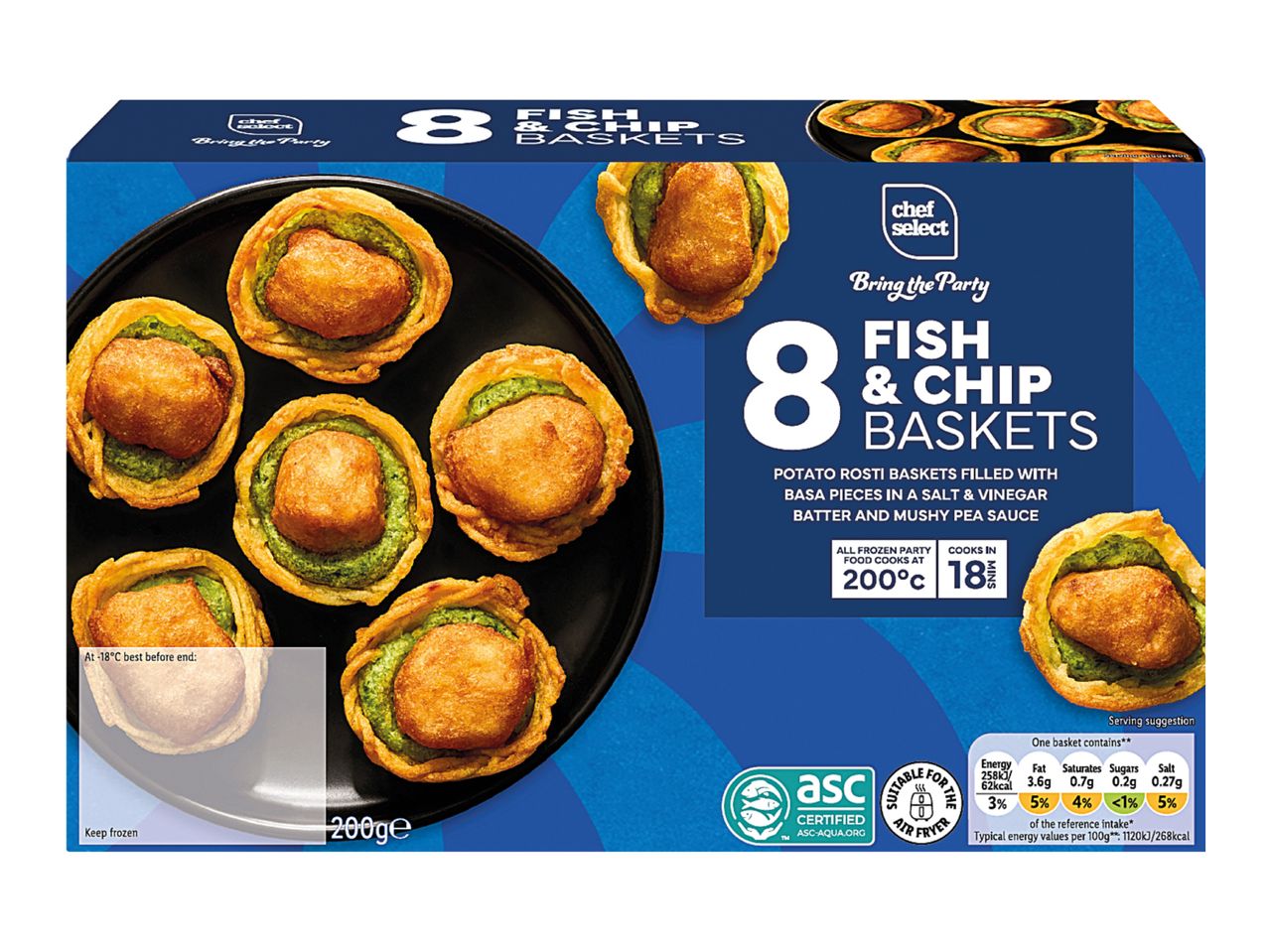 A box of 8 frozen fish and chip baskets with mushy pea sauce, weighing 200g.