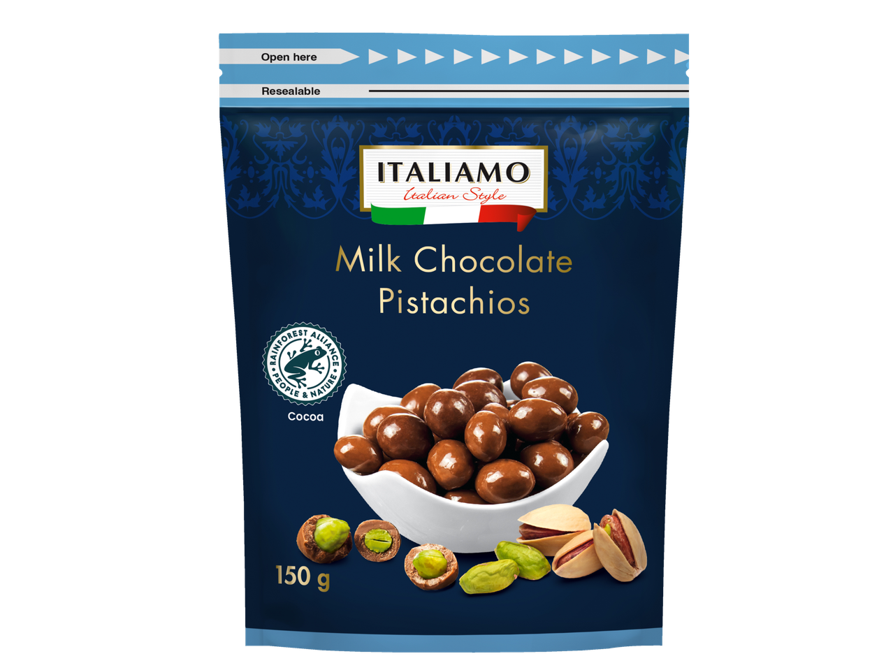 Italiamo Milk Chocolate Pistachios in a resealable bag, with a Rainforest Alliance seal.