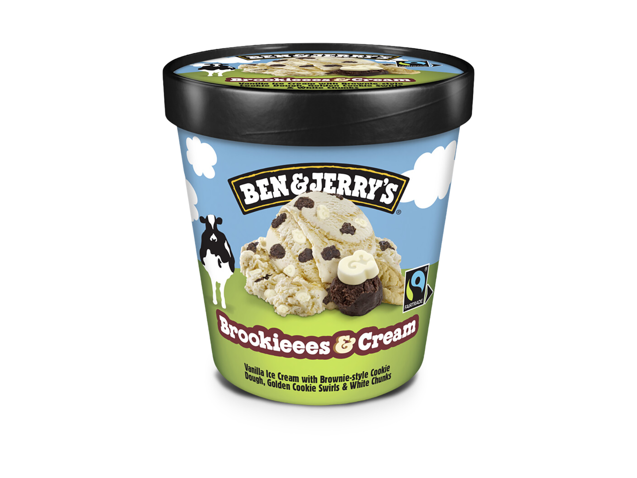 Een pint vanille-ijs met brownie-stijl koekjesdeeg, gouden koekjeswervelingen en witte stukjes.