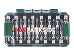 PARKSIDE screwdriver bit set in a clear plastic case with green accents