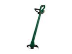 A green and black electric string trimmer with a handle and a protective guard.