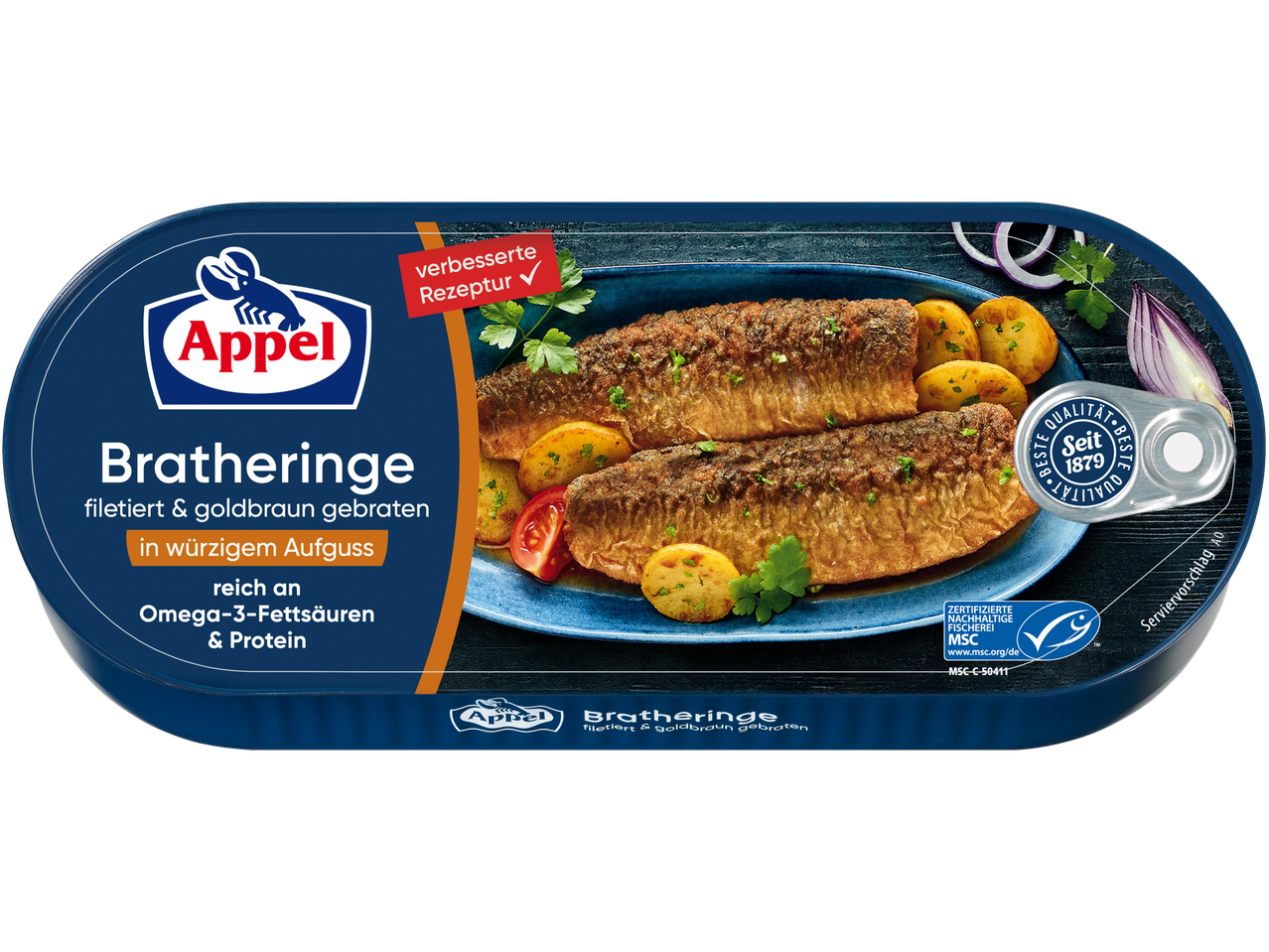 Appel Bratheringe: Filetierte und goldbraun gebratene Bratheringe in würzigem Aufguss, reich an Omega-3-Fettsäuren und Protein.
