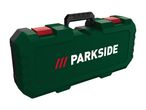 Green tool case with red latches and a black handle, featuring a white logo.