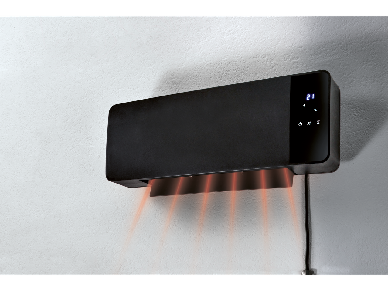 Chauffage mural Silvercrest® avec affichage numérique et rayons de chaleur orange.