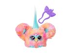 A fluffy, colorful Furby toy with large eyes and a purple hair clip.
