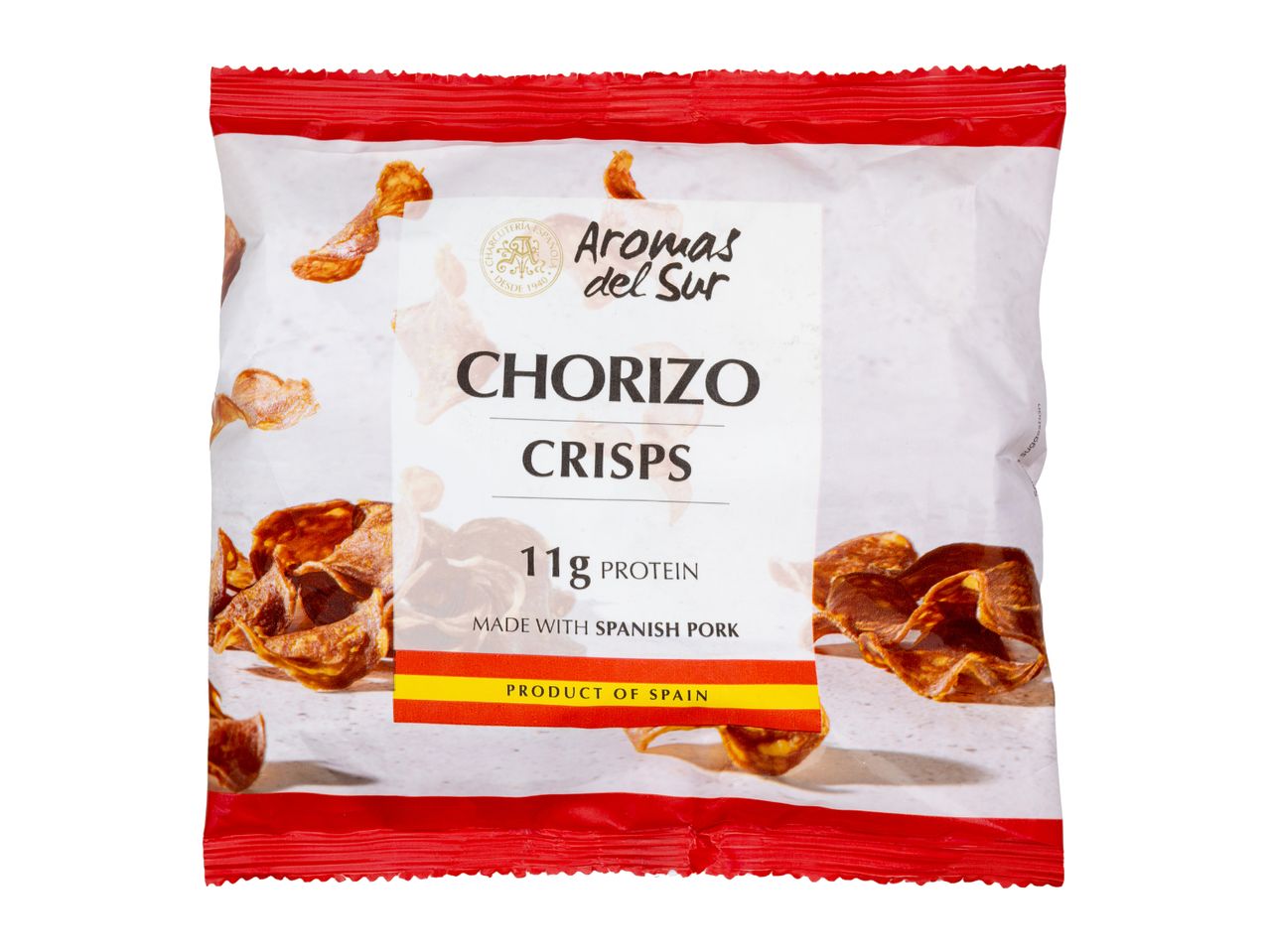Chorizo crisps snack bag with 11g protein, made with Spanish pork.