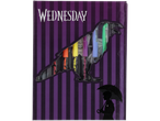 Wednesday kūrybinių reikmenų rinkinys su spalvotais markeriais ir personažo su skėčiu siluetu.